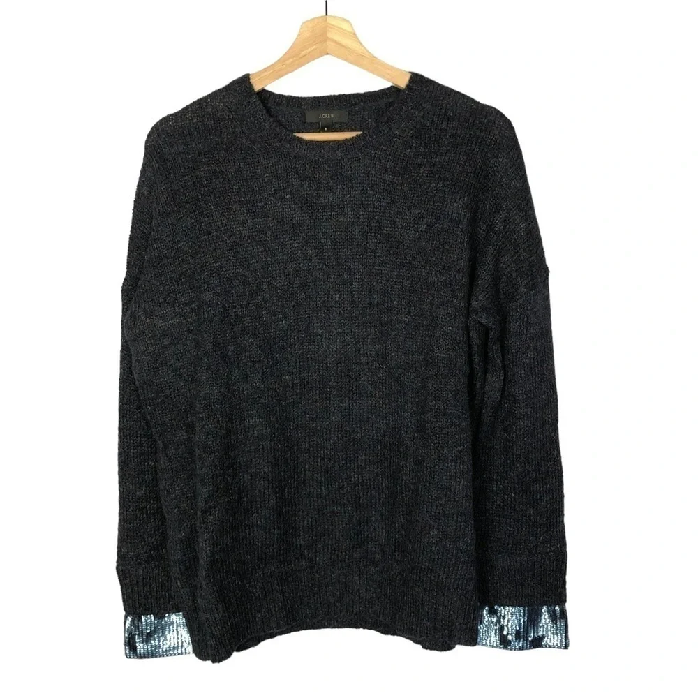 J. Crew Dark Blue Sequin Cuff Crewneck Sweater S